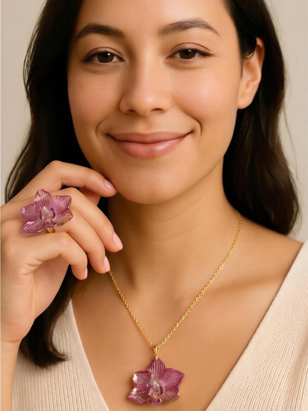 Purple Orchid Pendant Necklace and Ring Set - Women Jewelry